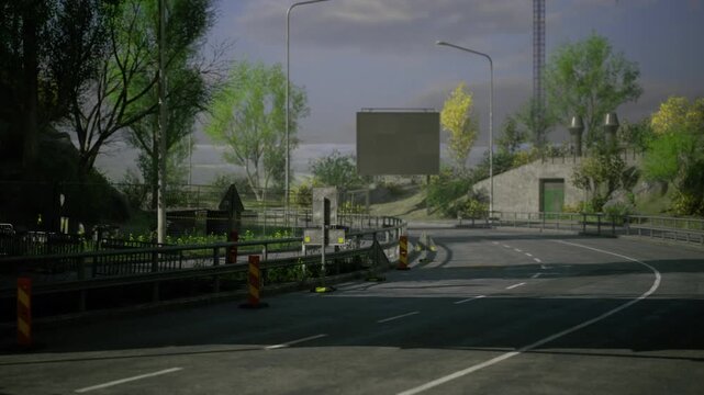 A tranquil roadway winds through a lush setting, surrounded by green trees and patches of bright foliage. The atmosphere is serene with hints of nature reclaiming the space.