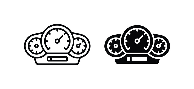 Car Dashboard Icons, Speedometer Gauges, Vehicle Control Panel Symbols, Set of Two Vector Illustrations