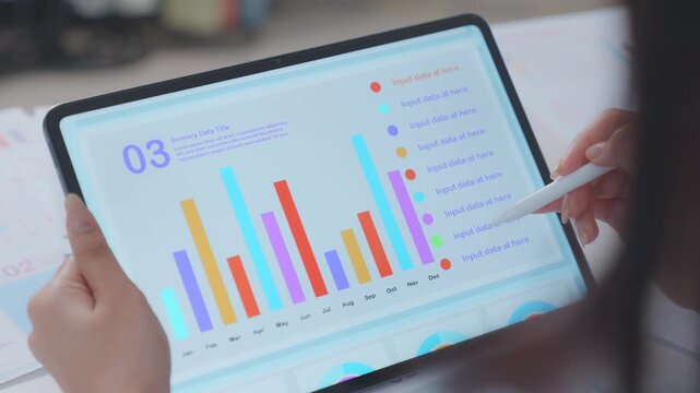 Blur Close up. financial advisor or crypto trader holding digital tablet in hands consulting stock market investor analyzing trade charts dynamic indexes investing trends on tab screen. Business anal