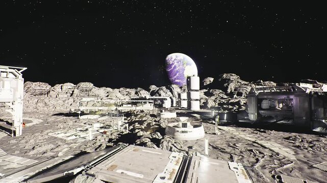 robotic repair drone fixing external module, maintenance bay lights and tool racks visible, cable runs and access hatches, pragmatic worksite mood under starry