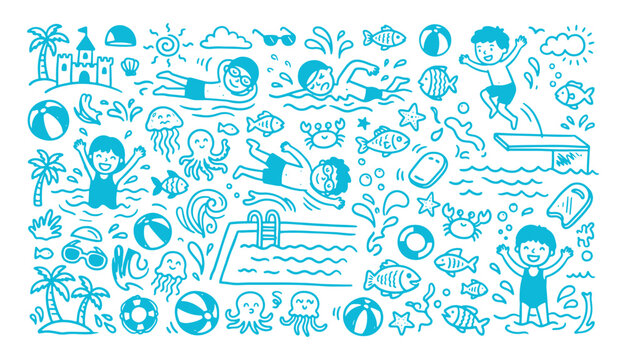 Playful swimming pool and summer vacation doodle collection with diving board characters and beach gear in line art
