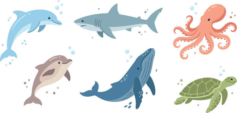 A cute cartoon vector illustration of a set of sea animals featuring a dolphin, shark, and whale in a blue underwater ocean design
