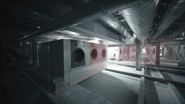 Industrial basement featuring extensive ductwork and large ventilation units, with red outlined virtual boxes overlaying potential equipment or architectural scan data