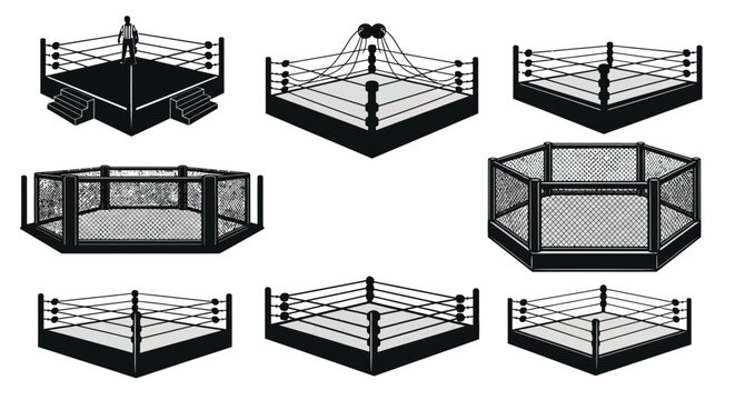 Boxing ring and mma cage silhouettes on a white background