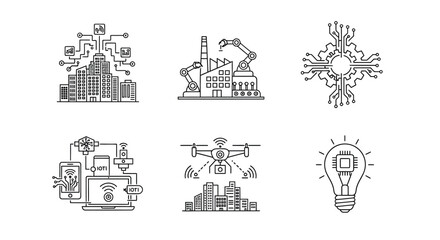 Fototapeta premium Smart city and technology icons set linear style silhouette high quality