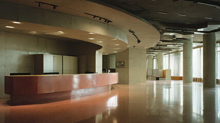 Naklejka premium Modern corporate lobby featuring a curved reception desk, concrete walls, minimalist ceiling lights, large columns, and reflective terrazzo flooring with natural light from large windows
