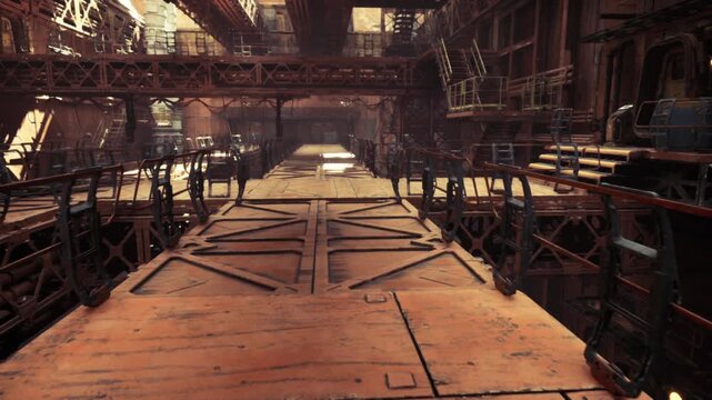 inspection walkway with grated floor and vertical shafts, localized light pools, rusted textures, inspection route vibe, visible piping and bolted plates,