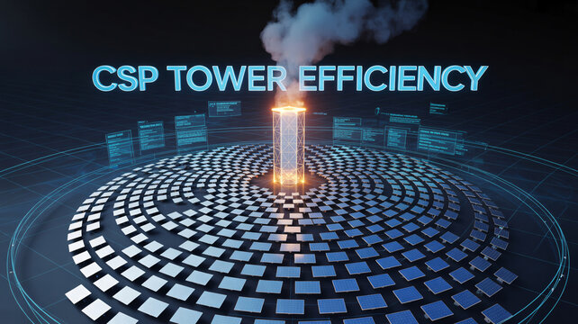 Csp tower efficiency concept with solar panels and glowing tower on a futuristic grid background