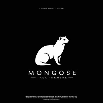 White Mongoose Silhouette Logo Design with Tagline Placeholder on Black Background Vector