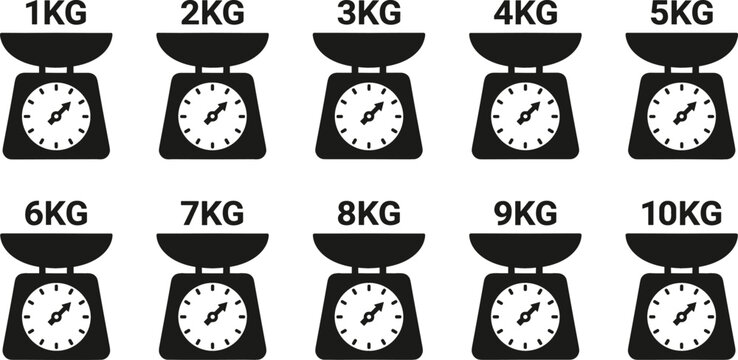 Set of flat vector kitchen scale icons ranging from one to ten kilograms for cooking measurement and food weight isolated on white background.