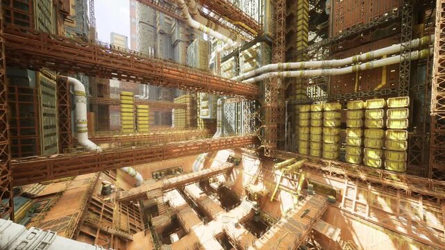 tangled pipe junction with intersecting conduits and valves, closeup perspective reveals bolts, flanges and textured metal gritty palette and warm highlights