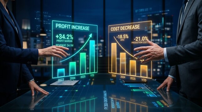 Corporate Hands Gesturing at Dual Holographic Charts Comparing Profit Increase and Cost Decrease Business Data