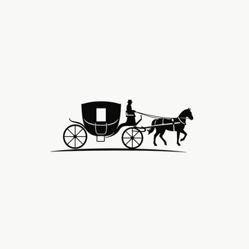 Vintage Horse Drawn Carriage with Coachman Silhouette Emblem Symbol Vector Graphic Illustration