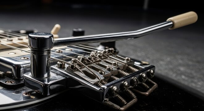 Close-up view of a polished chrome vintage electric guitar bridge and vibrato system