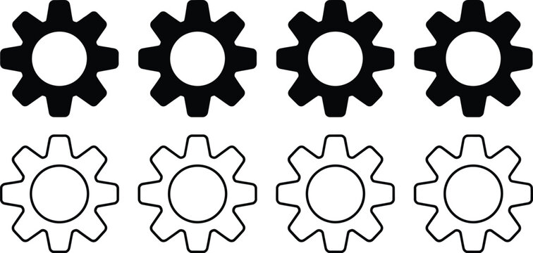 Gear setting icon set, cog wheel and gear symbols with minimalist line art representing configuration system control and application customization for settings menus.