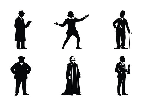 Classic Silhouette Figures Collection: Historical Personalities, Actors, Writers, and Performers Vector Set, Black and White Icons for Creative Projects