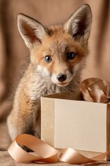 Obraz premium Baby fox peeking from gift box beside blank cream greeting card on warm beige set
