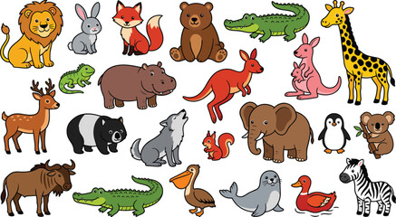 Naklejka premium Cartoon Animal Collection Vector Set Featuring Wildlife, Forest, and Jungle Animals for Educational, Children's Content, and Nature-Themed Projects