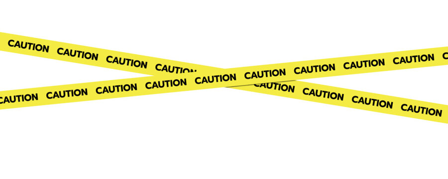 Yellow caution tape strips crossed and isolated on white background. Safety warning barrier vector illustration for construction, danger zones, crime scenes, and restricted areas.