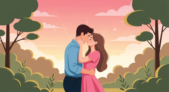 Romantic couple kissing, love illustration, vector art, pink sunset background