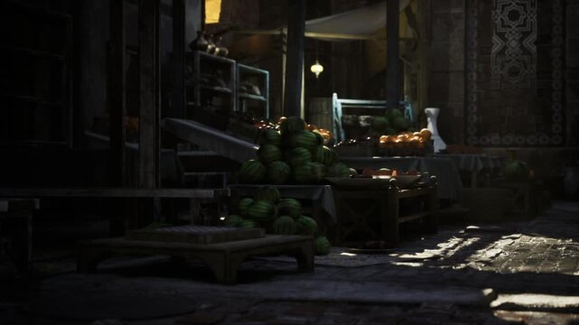 dim vendor corner bathed in sunlight, stacked produce bowls, ornate tile wall, brass lamp casting warm highlights, stillness of early morning market awaiting