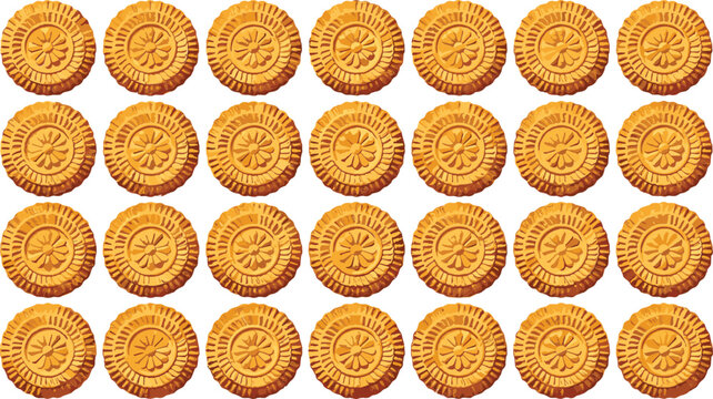 Seamless pattern of golden brown round shortbread cookies with floral design for bakery background sweet snack food and confectionery menu themes.