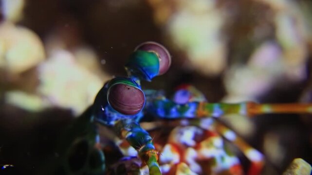 Vibrant Peacock Mantis Shrimp with mesmerizing independently moving eyes in a detailed underwater macro shot
