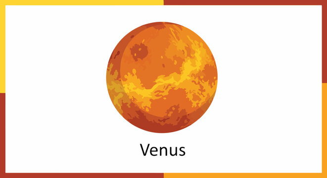 Illustration of planet Venus with its cloudy atmosphere and surface details labeled Venus