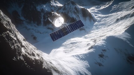 Fototapeta premium Satellite with solar panels conducting scientific exploration, orbiting over a frozen, snow covered, and icy landscape of an extraterrestrial mountain range, symbolizing technology and discovery