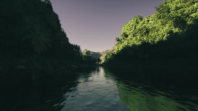 dusk river corridor inviting wildlife movement, shadowed banks and shimmering reflections create natural pathway, dense tropical vegetation and quiet surface