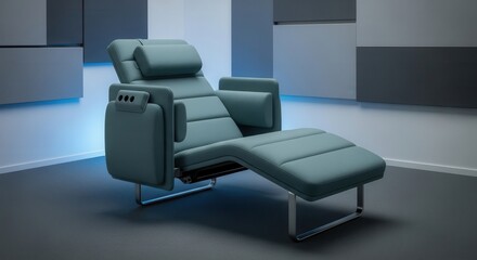 Fototapeta premium Modern Ergonomic Teal Chaise Lounge Chair with Adjustable Footrest and Integrated Headrest for Ultimate Comfort