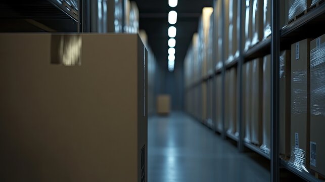 Modern warehouse interior with long aisles of industrial shelving stacked with cardboard boxes, highlighting organized storage, logistics, fulfillment, and efficient supply chain operations