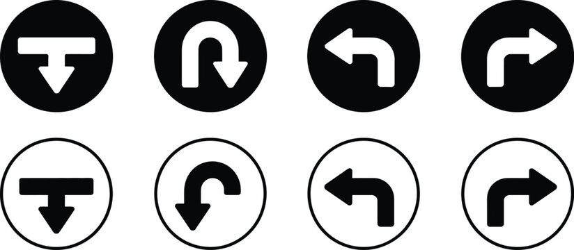 Traffic direction icon set, black and white round circle arrows showing go straight left turn right turn and U-turn navigation symbols for road guidance.