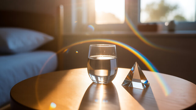 An empty glass sits on a wooden table under a warm lamp in a quiet restaurant interior featuring elegant furniture and modern design