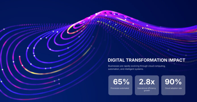 Futuristic background with glowing curved lines and light particles forming a circular motion on deep blue background, representing data flow, artificial intelligence, digital networks and technology.