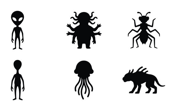 Alien, Insect, and Mythical Creature Silhouettes: Sci-Fi and Fantasy Iconography Set, Vector Graphics