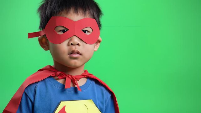 Young Asian Boy In Superhero Costume With Red Mask And Cape Against Green Screen
