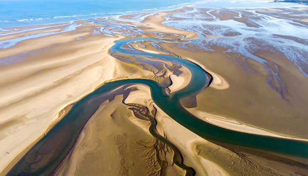 Aerial view of winding river flowing through sandy beach landscape meeting ocean