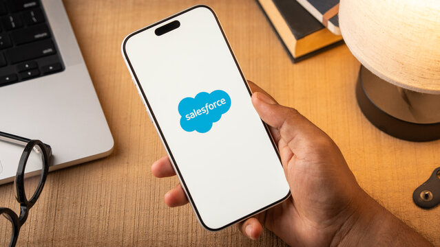 Salesforce AI logo is displayed on the screen of a smartphone, in Bangalore, India, on May 11, 2026
