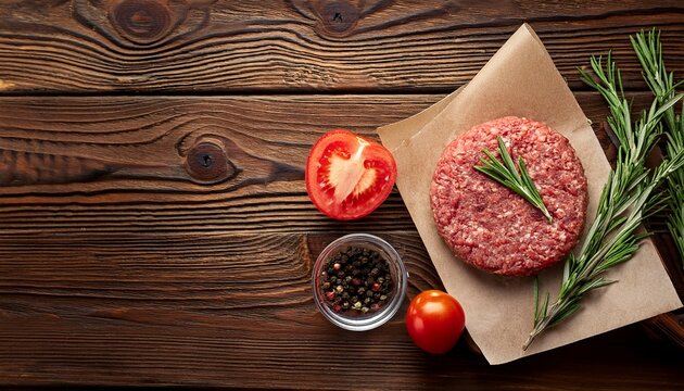 uncooked meat patty with rosemary and tomato on wooden table flat lay space for text