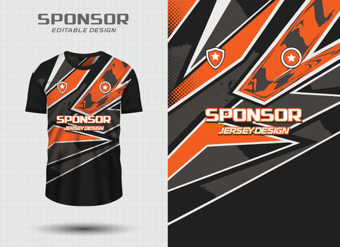 Modern Sports Jersey Design Template with Dynamic Orange and Black Abstract Geometric Patterns and Halftone Texture for Soccer, Racing, and Esports Apparel