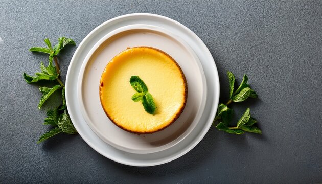 yummy cheesecake with mint on grey table top view