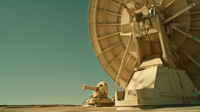 Large parabolic antenna structure standing in a desert landscape, used for transmitting and receiving data, facilitating global communication and scientific research into space