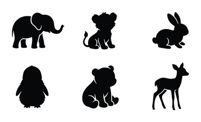 Adorable Animal Silhouettes Collection: Cute Baby Elephant, Lion Cub, Rabbit, Penguin, Bear Cub, and Deer Vector Icons for Children's Designs and Nature Themes © AlAmin