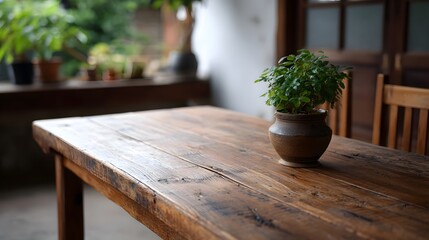 Naklejka premium A small potted green plant rests on a rustic wooden table creating a serene display of natural home decor and earthy textures