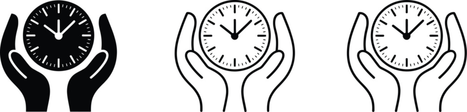 Time management icon set, vector illustration of hands holding clock icons representing scheduling deadlines task planning and business productivity system management.
