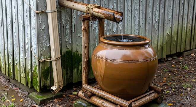 Rustic bamboo water pipe pouring fresh water into a large brown clay pot in a peaceful garden setting. rain water barrel