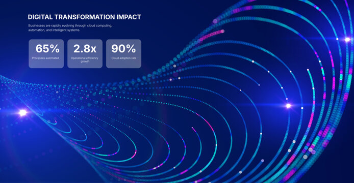 Futuristic background with glowing curved lines and light particles forming a circular motion on deep blue background, representing data flow, artificial intelligence, digital networks and technology.