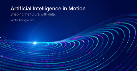 Naklejka premium Futuristic background with glowing curved lines and light particles forming a circular motion on deep blue background, representing data flow, artificial intelligence, digital networks and technology.