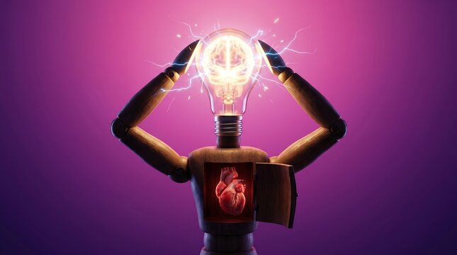 Wooden mannequin head as glowing light bulb with brain inside and open chest cavity showing realistic anatomical heart.